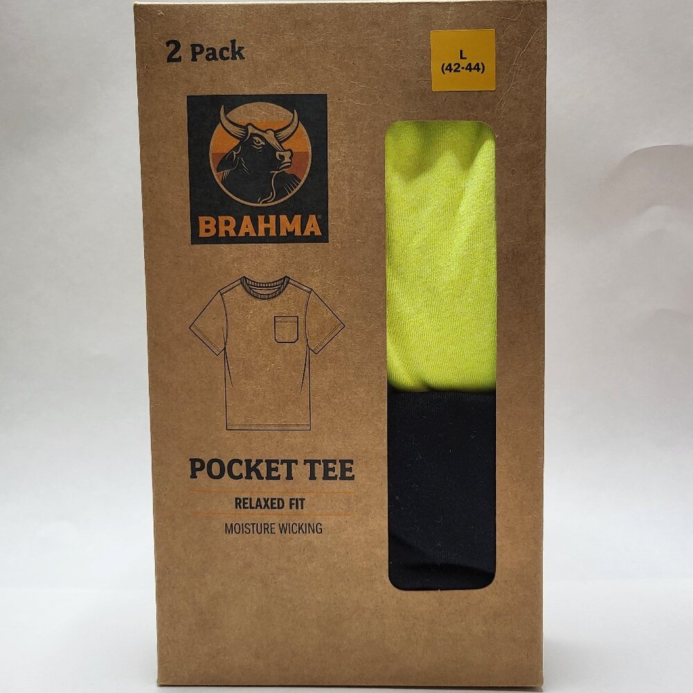 Brahma 2 Mens Large Pocket Shirts Crew Neck Relaxed Fit 1 Black & 1 Neon Yellow